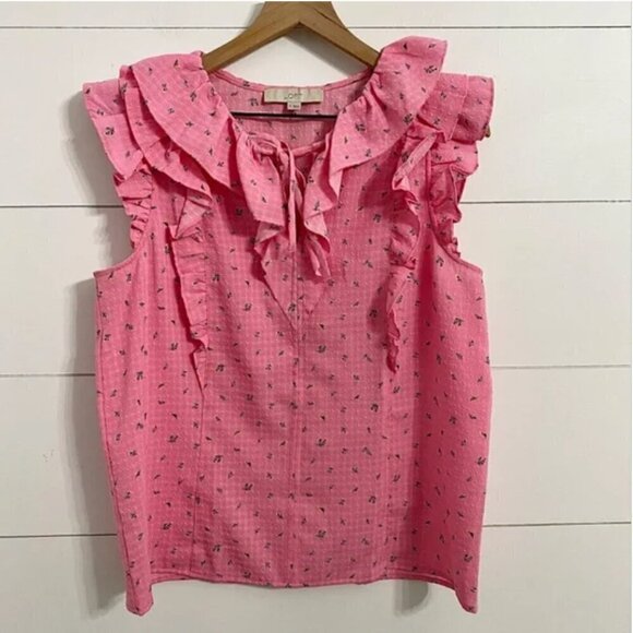 Loft Sleeveless Ditzy Floral Hot Pink Ruffle Top Blouse, Women's Size Medium - Picture 1 of 6
